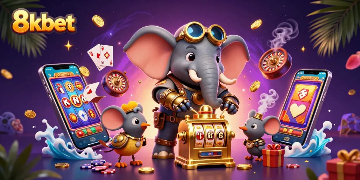 Spin to win with 8kbet in this vibrant 3D casino illustration showcasing steampunk characters and slot games.