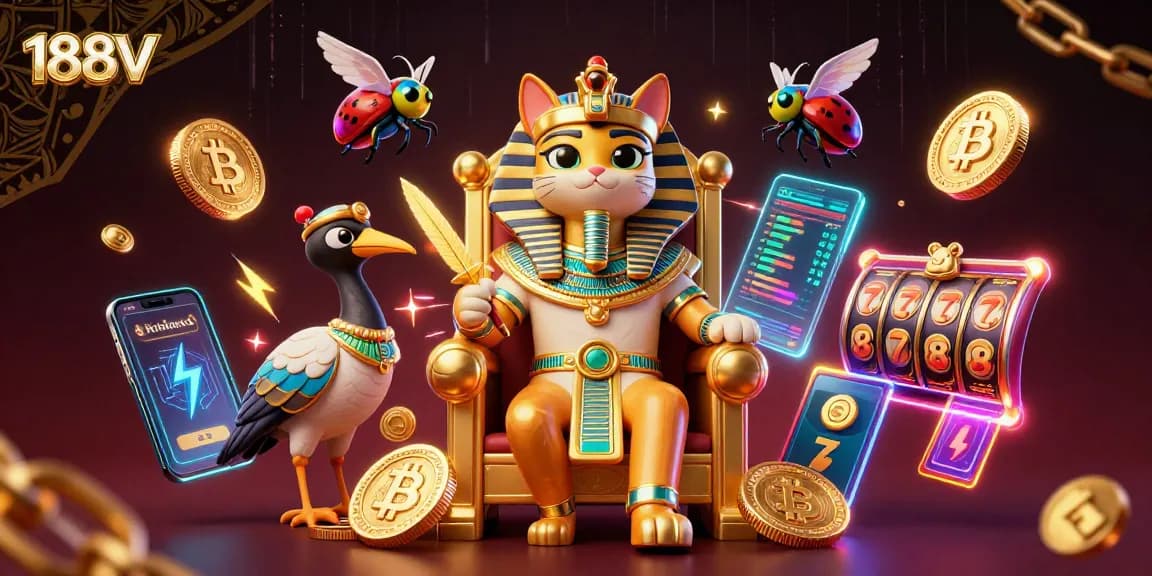 Explore bright casino excitement with 188V's royal gaming atmosphere featuring pharaoh elements.