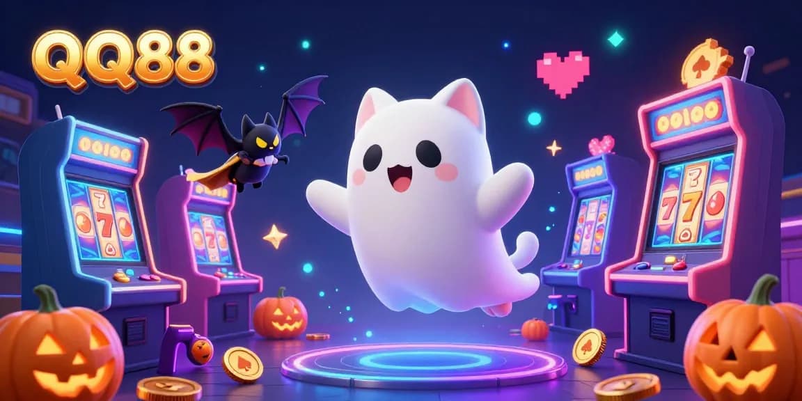 Experience QQ88's thrilling atmosphere as a ghost cat and bat unveil the excitement of online casinos.
