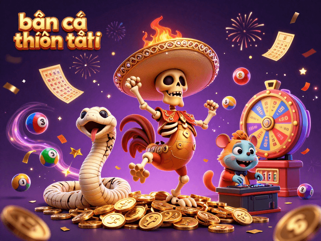 Bắn cá thần tài game scene where a cartoon skeleton rooster celebrates on coins, surrounded by vibrant lottery elements.