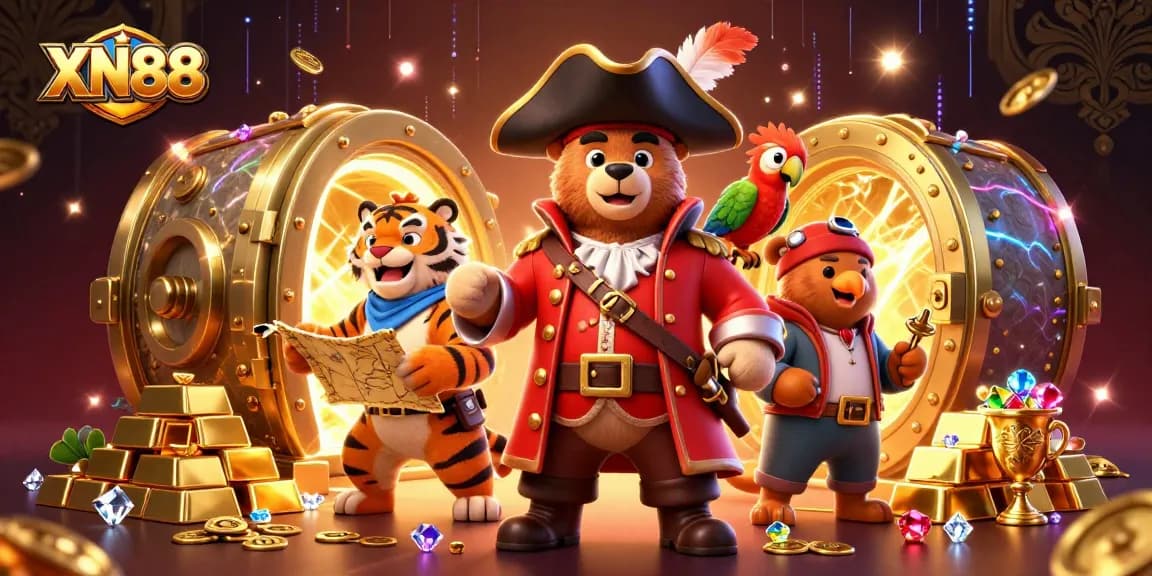 Spin and win at XN88 with a vibrant pirate-themed casino scene packed with treasure!