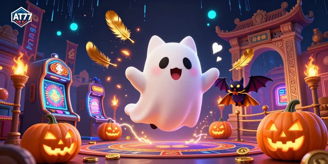 Experience the thrill of AT77 with a ghost cat and bat companions in a haunted casino scene.
