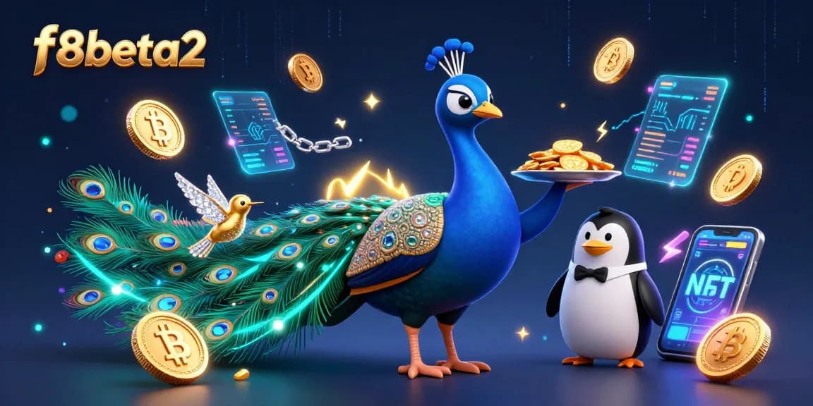 Spin f8beta2's virtual reels surrounded by vibrant characters and dazzling crypto elements.