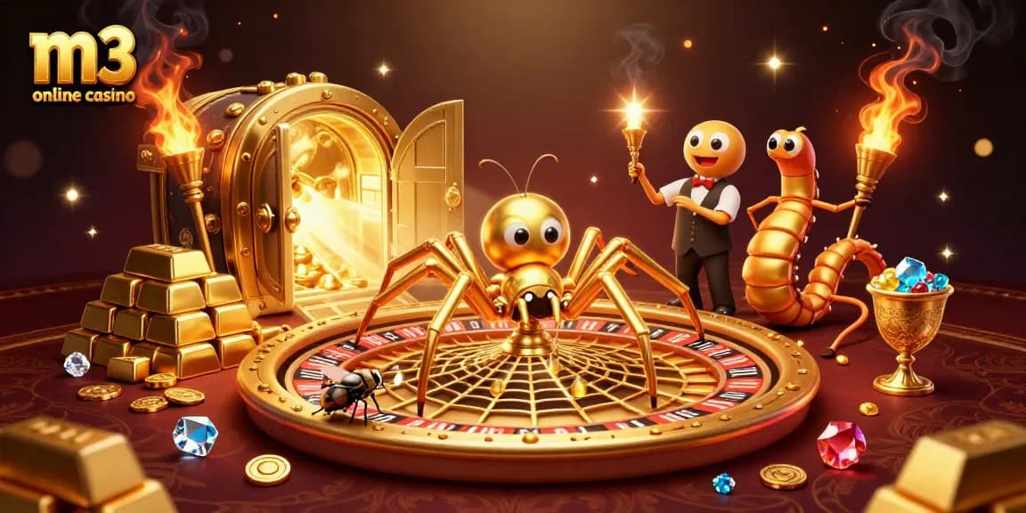 Engage with m3 online casino's vibrant gaming scene featuring a golden spider and dynamic elements.