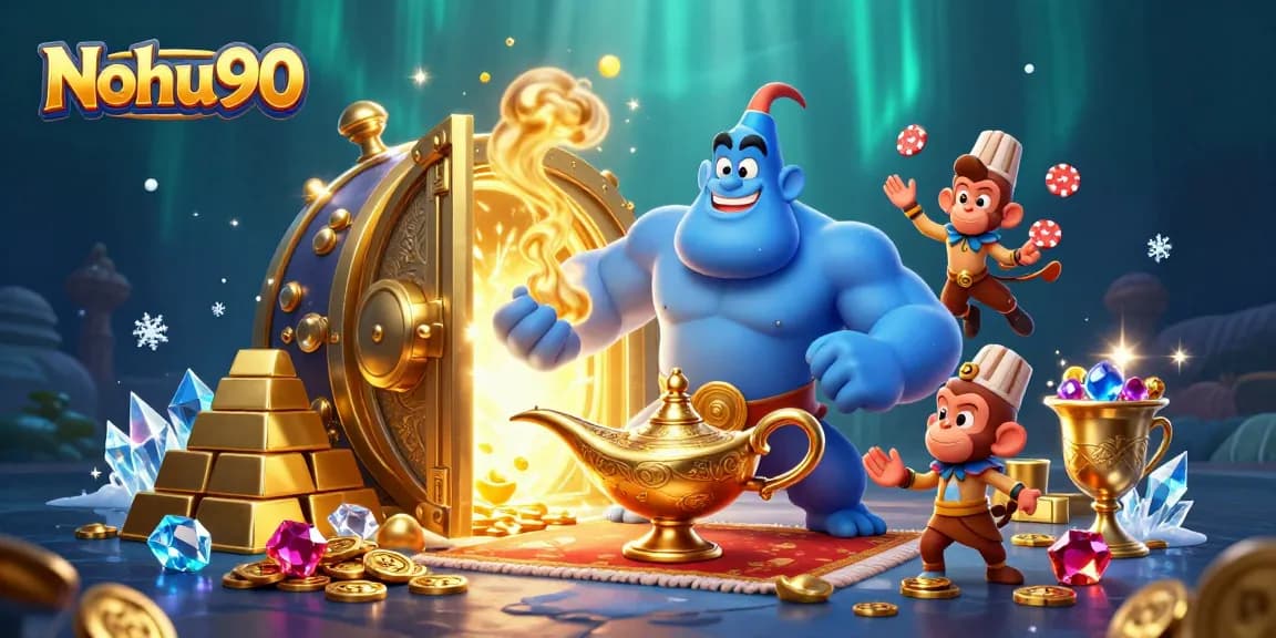 Nohu90 engages players with a dynamic 3D casino scene showcasing gems, gold, and vibrant slot symbols.