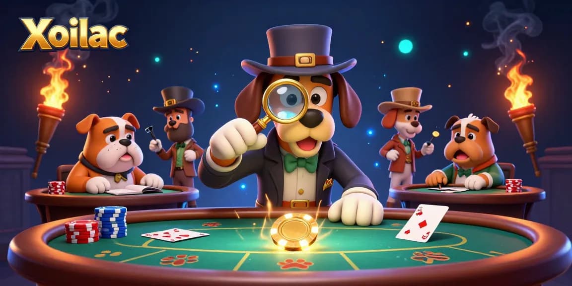Xoilac enables thrilling poker play as a detective examines poker chips in a vibrant casino scene.