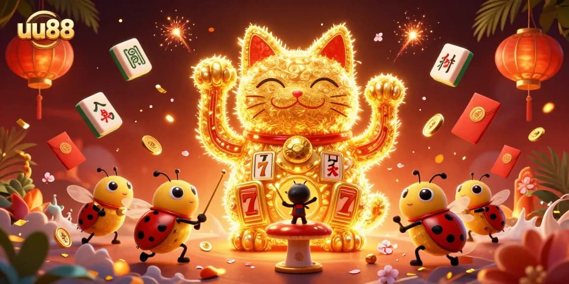 Experience thrilling gameplay with uu88's vibrant lucky cat blending casino symbols and joy.