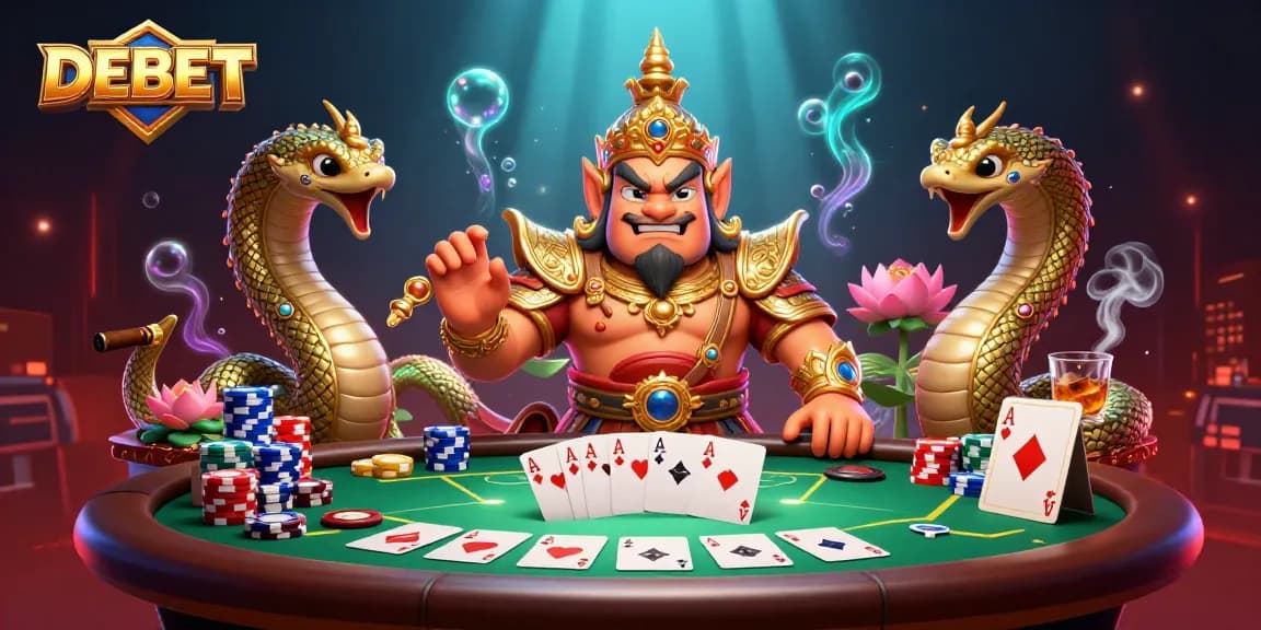 Engage with DEBET, a vibrant, thrilling poker scene showcasing lavish characters and dynamic gameplay.