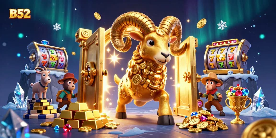 Experience the thrill of B52CLUB with a dynamic golden ram charging through a treasure-filled casino scene.