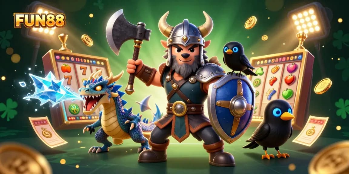Experience the thrill of FUN88 with a vibrant 3D illustration showcasing slots, jackpots, and dynamic gaming elements.