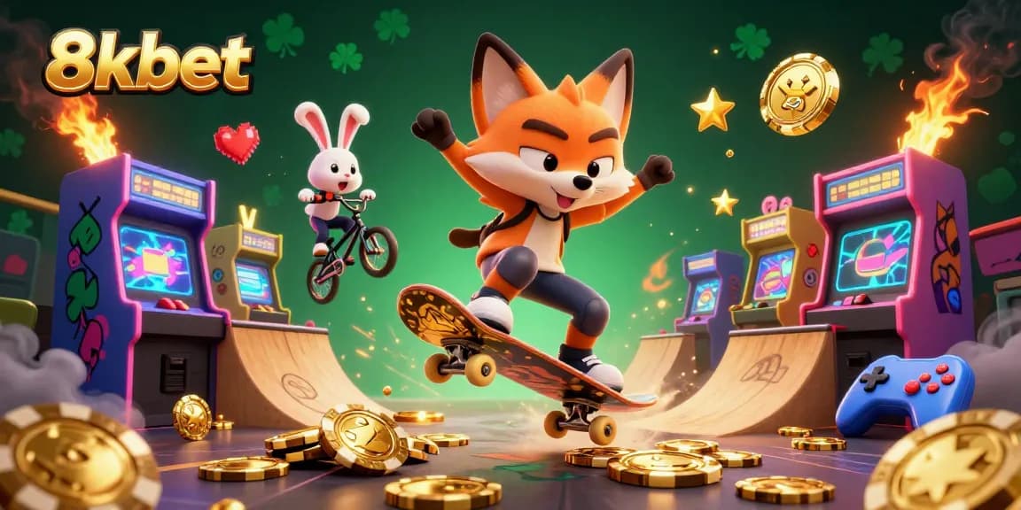 Watch the 8xbet skateboarder fox and BMX-riding rabbit perform thrilling tricks in this vibrant casino-themed scene.
