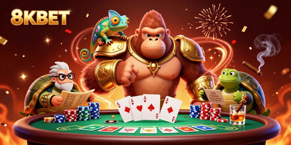 Engage in thrilling gameplay at 8KBET with a gorilla king, chameleon, and tortoise in a vibrant casino scene.
