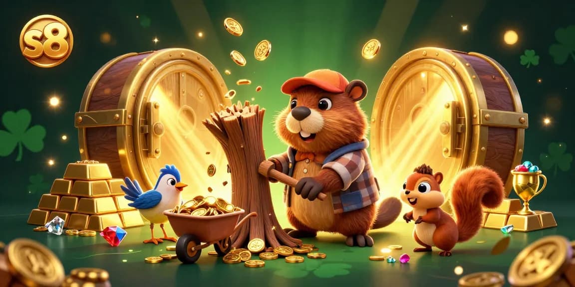 s8 enhances gaming with fun characters amid coins, treasure, and casino elements.