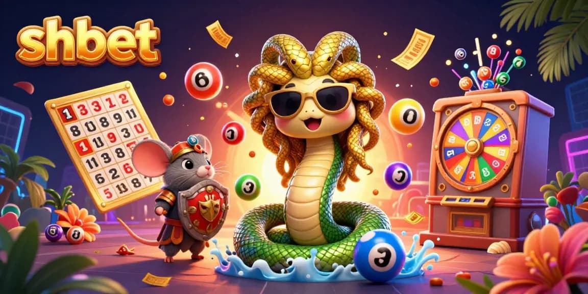 Engage with shbet's vibrant 3D casino scene, featuring lively lottery elements and dynamic characters.