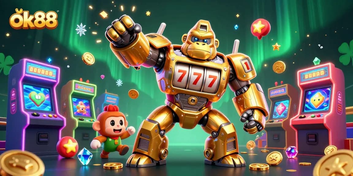 Experience thrilling action with the ok88 golden gorilla mech in a vibrant casino setting.