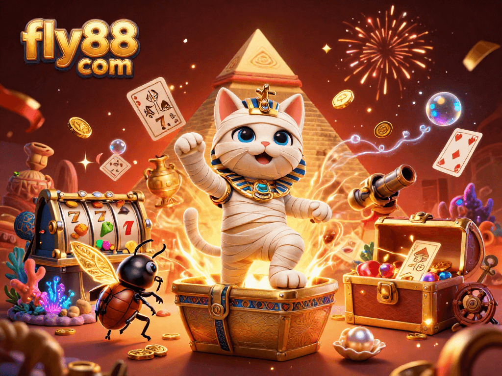 Experience excitement at fly88 com with the Egyptian mummy cat and vibrant casino elements.