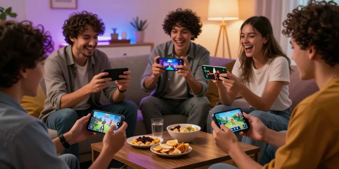 Zowin app gaming moments with friends in a cozy living room, showcasing excitement and social interaction.