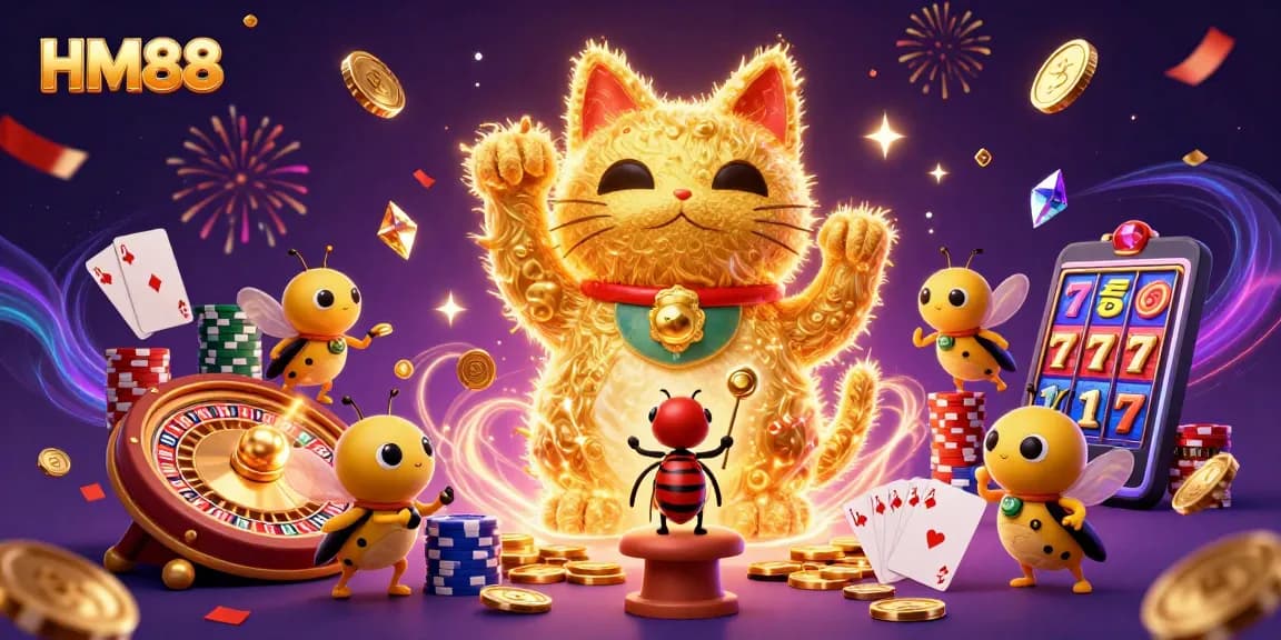 Engage with HM88's vibrant 3D casino illustration featuring lucky cat symbols and dynamic game elements.