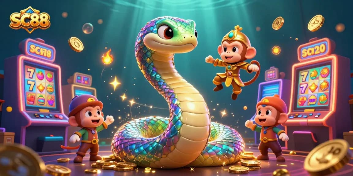 Spin the reels of SC88 with a vibrant rainbow serpent and monkey king in a magical casino scene.
