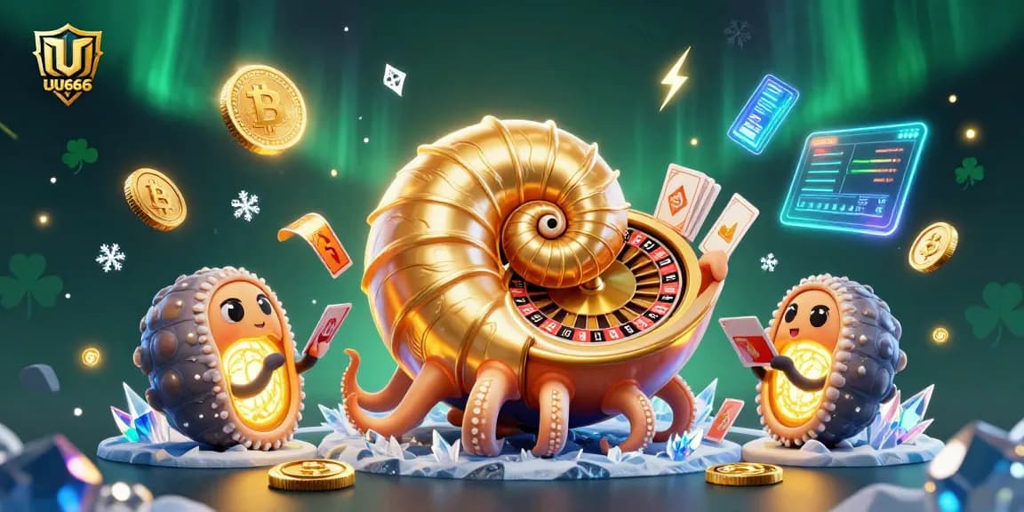 Play with UU666's whimsical casino scene featuring a nautilus roulette wheel and glowing cryptocurrencies