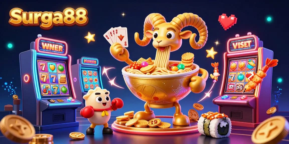 Surga88 illustrates a vibrant casino-themed scene with characters engaging in exciting gaming action.