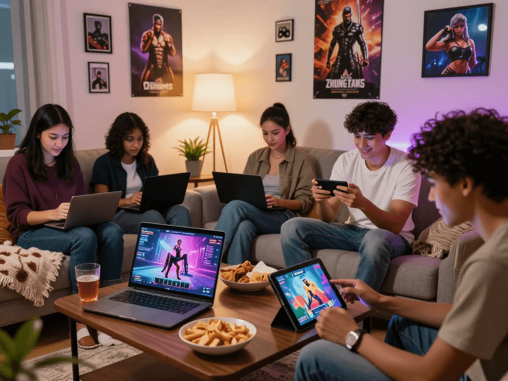 Group of young adults enjoying popular porn games on laptops and tablets in a cozy living room.
