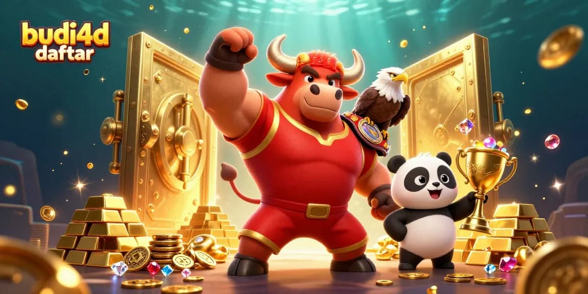 Experience epic wins at budi4d daftar, featuring dynamic 3D cartoon characters celebrating with gold treasures.