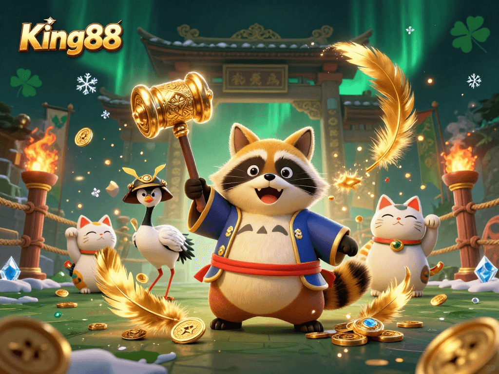 Spin to win at King88 with a cheerful tanuki and lucky cats enhancing the casino experience.