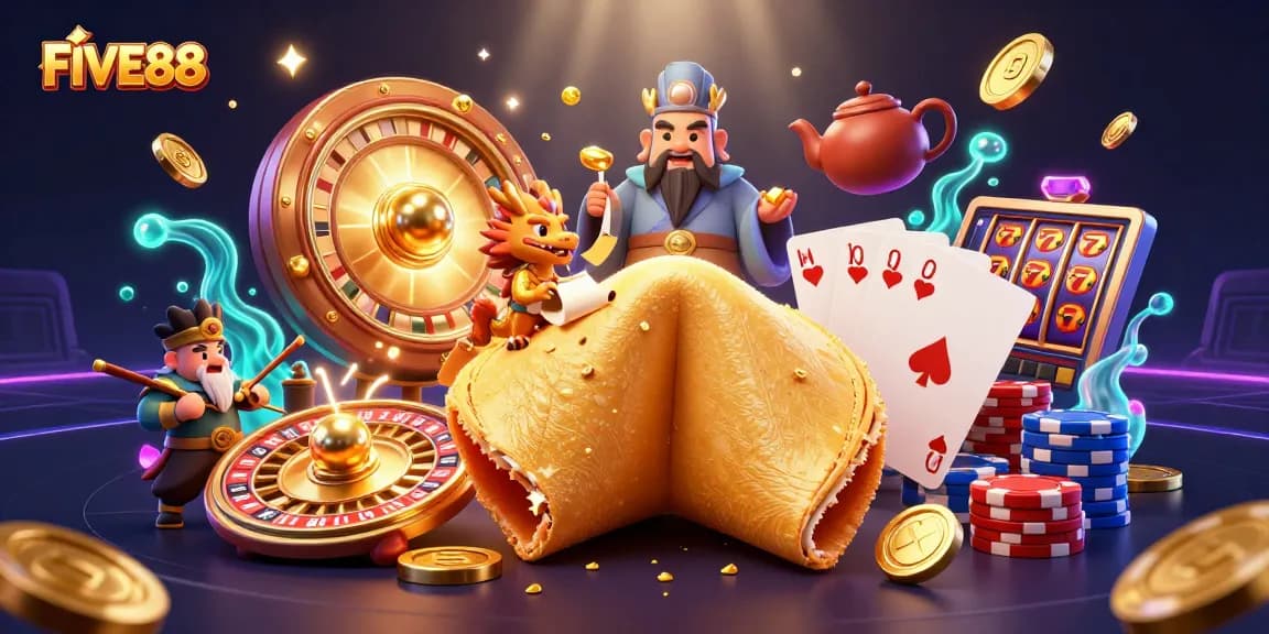 Engage in thrilling gameplay with FIVE88 as a wise dragon discovers treasures amidst dynamic casino elements.