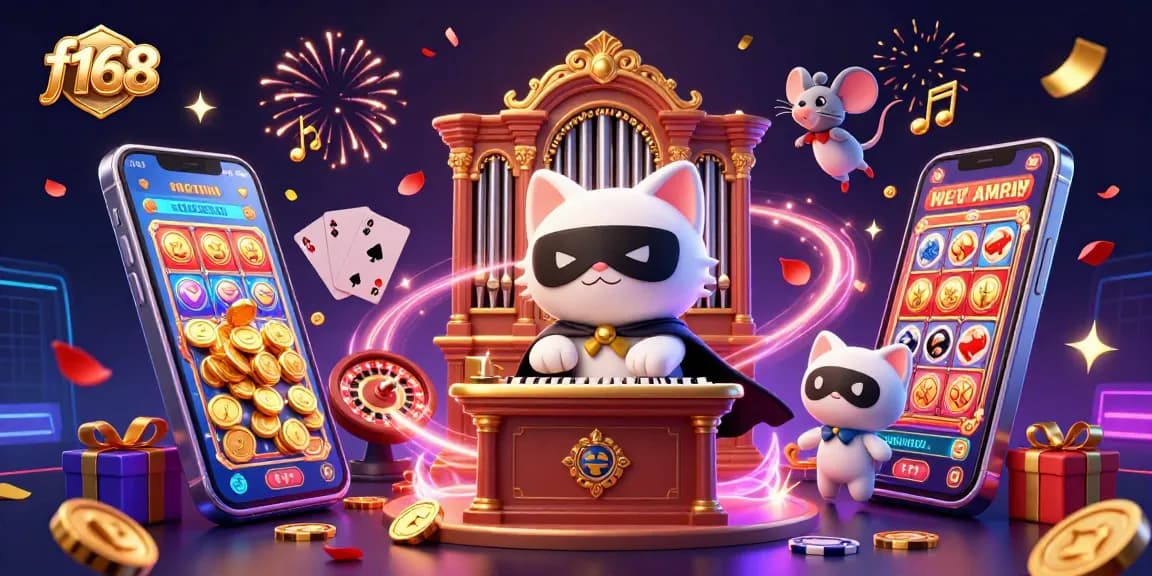 Play f168 with a dynamic scene of casino characters, including a cat and mouse, amidst swirling gold coins and gaming elements.