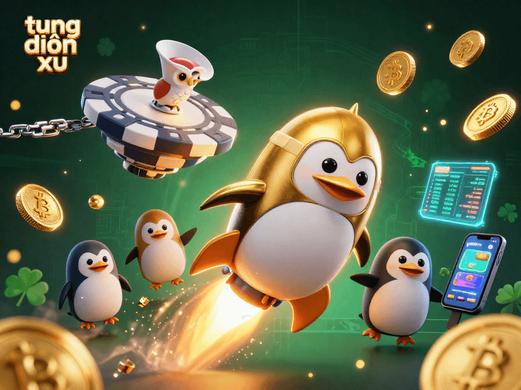 Engage in tung đồng xu with a dynamic 3D scene featuring a golden penguin launching to a casino space station.