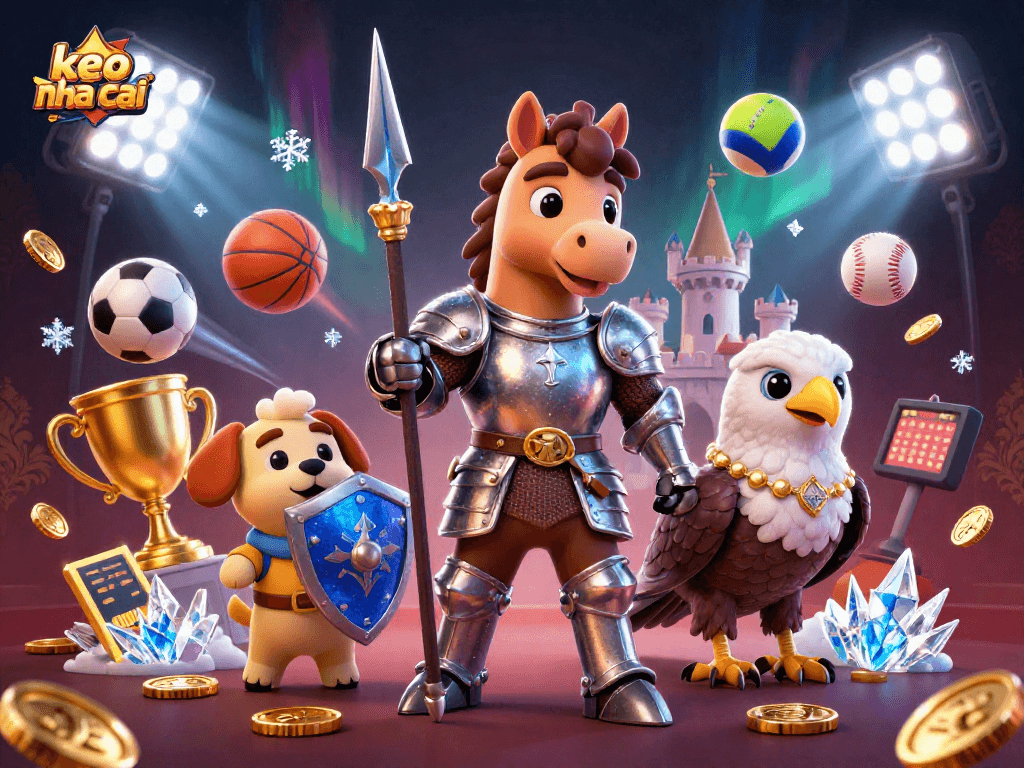 Engaging keo nha cai scene with cartoon knight, squire, and falcon amidst dynamic sports elements.