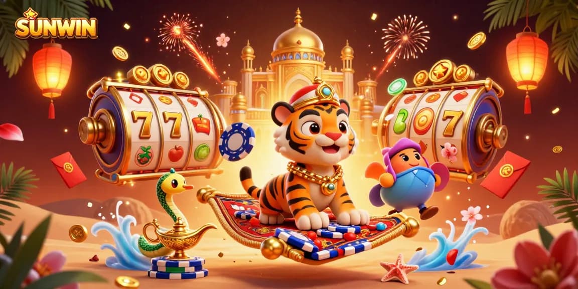 Experience thrilling wins with SUNWIN's 3D illustration showcasing a vibrant casino scene featuring a tiger sultan.