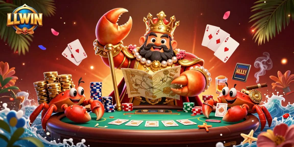 Experience vibrant gameplay at LLWIN, featuring a golden crab emperor amidst poker action with colorful chip stacks.