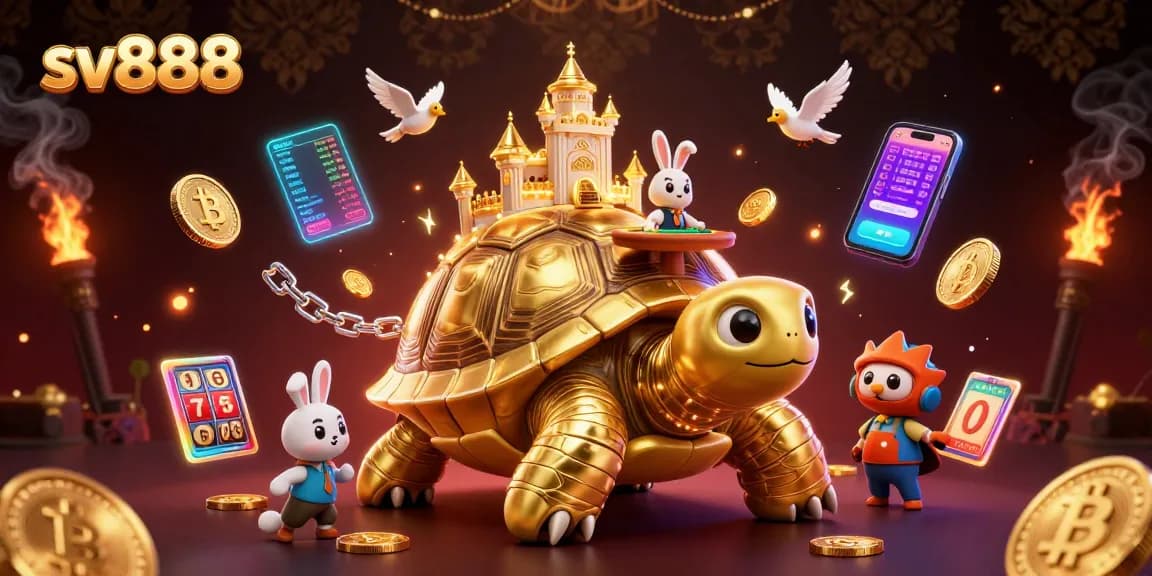 Engage with sv888 in an adventurous casino scene featuring a golden tortoise and vibrant gaming elements.