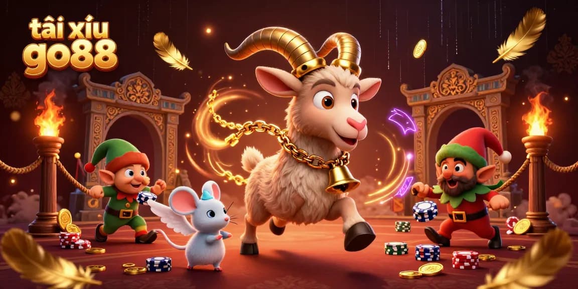 Tài xỉu go88 showcases a festive casino scene with cartoon characters engaging in lively gameplay.