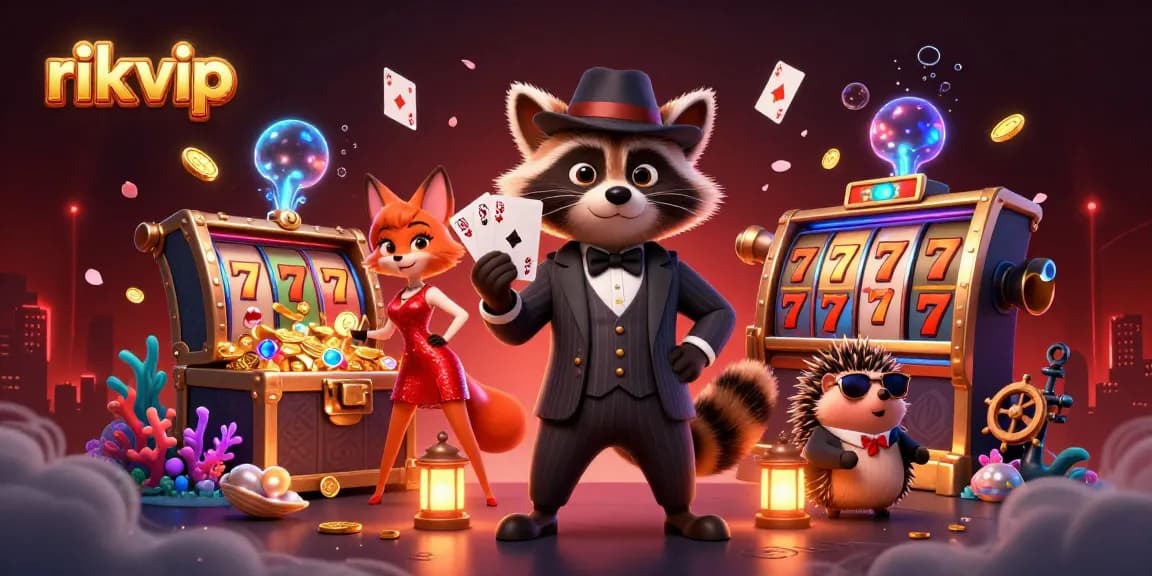 Join the fun at rik vip with suave raccoon and glamorous fox at an exciting casino scene.
