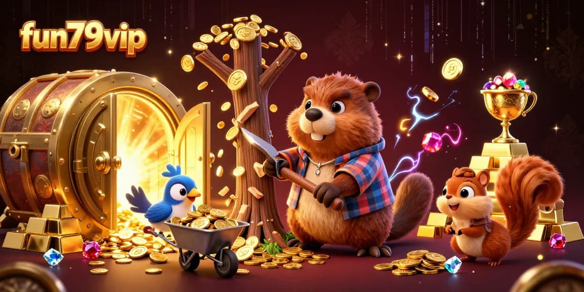 Collect coins at fun79vip as a beaver chops down a tree raining gold coins in a vibrant casino scene.