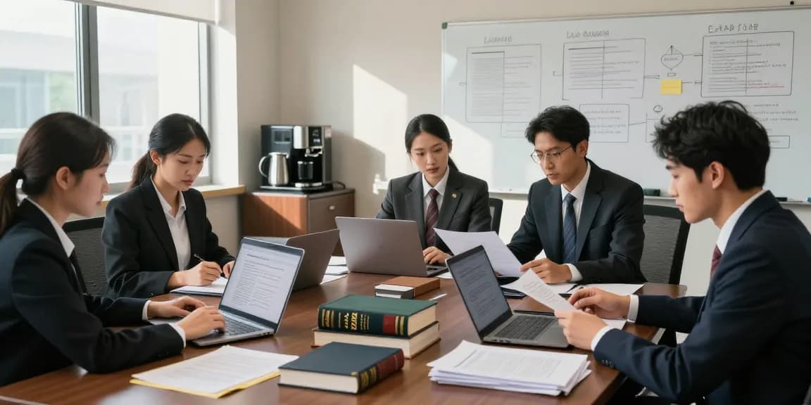 Lawyers reviewing documents related to statute 123b in a collaborative modern office space.