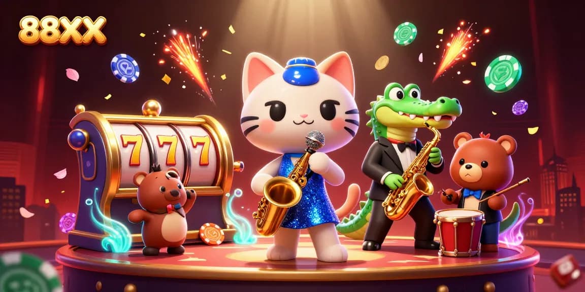 Experience exhilarating gameplay at 88XX with dynamic slot reels and vibrant casino elements.