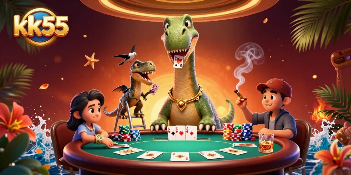 Engage in thrilling poker with kk55 as a playful brontosaurus watches over a vibrant casino scene.