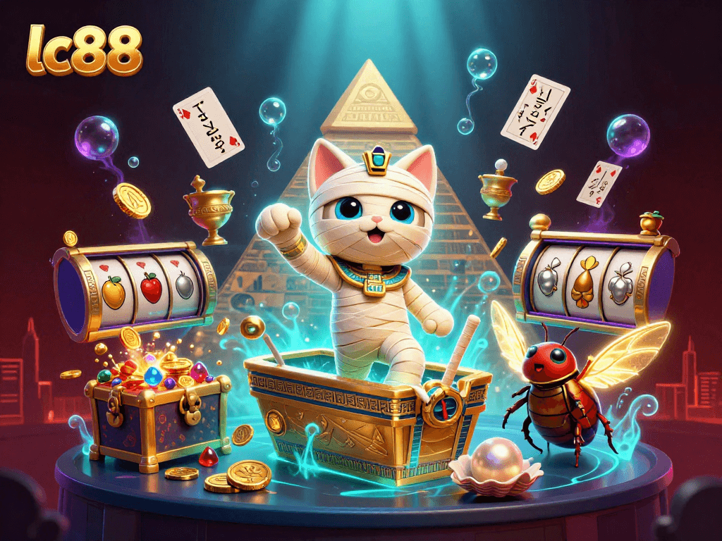 Win big with lc88 in this vibrant casino scene featuring a mummy cat and treasures!