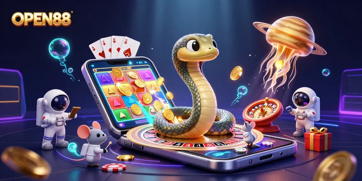 Engage in thrilling bets at OPEN88 with cosmic characters in a dynamic casino scene.