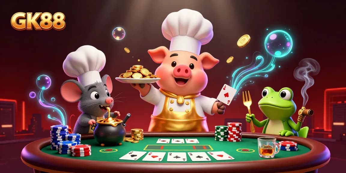 GK88 depicts a lavish casino scene with a chef pig serving gold coins, showcasing gambling excitement.