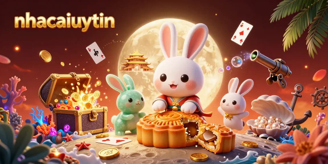 Engage with nhacaiuytin's thrilling casino scene featuring a playful moon rabbit amidst poker chips and marine treasures.