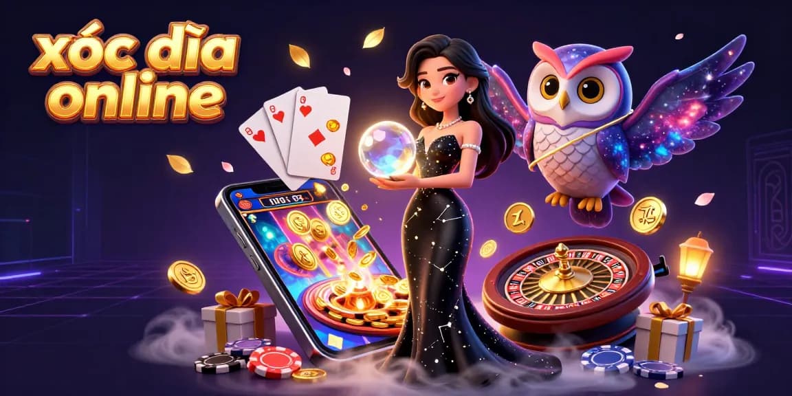 Experience xóc đĩa online with a mystical scene featuring a woman, owl, and dynamic casino elements.