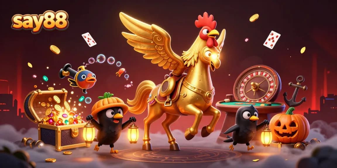 Join the excitement at say88 casino with a golden rooster and spectral horse, revealing jackpot treasures.