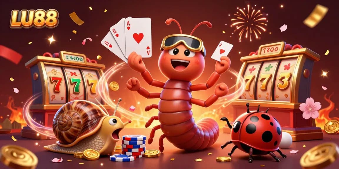 Experience exciting slots at LU88 with a dynamic dealer, chip stacks, and festive elements.