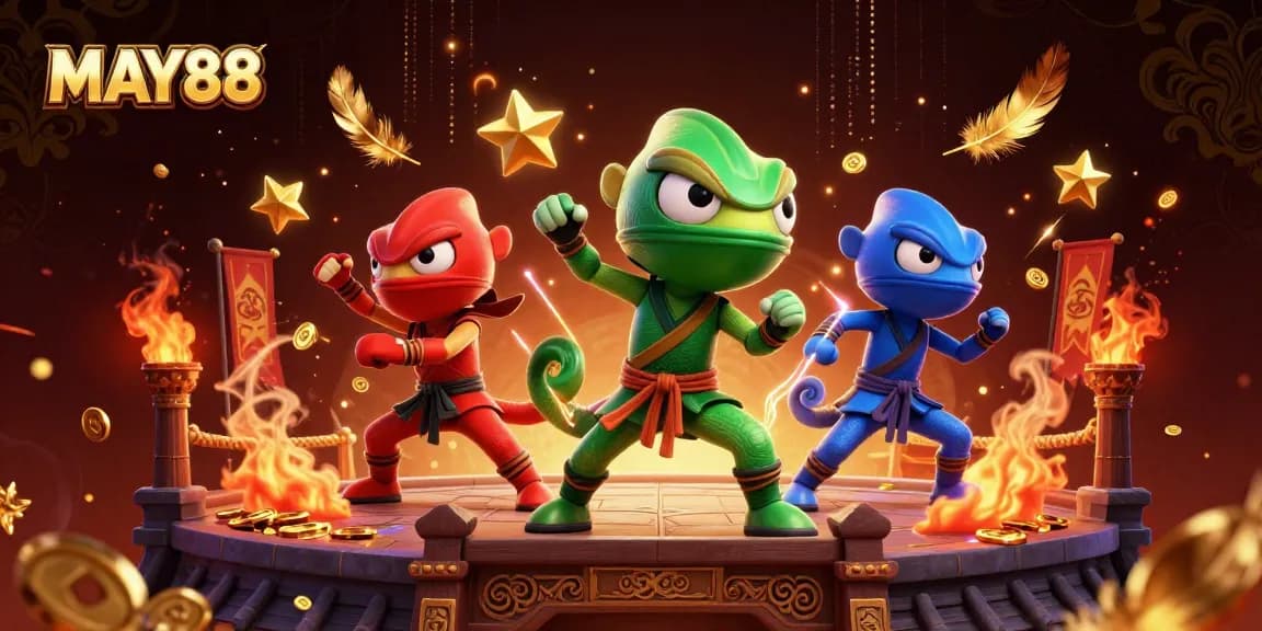 MAY88 ninja chameleon team showcasing martial arts in a vibrant casino-themed illustration.