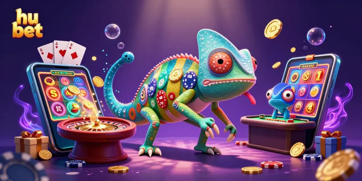 Experience the thrill of hu bet with an engaging casino scene featuring vibrant games and a playful chameleon owner.